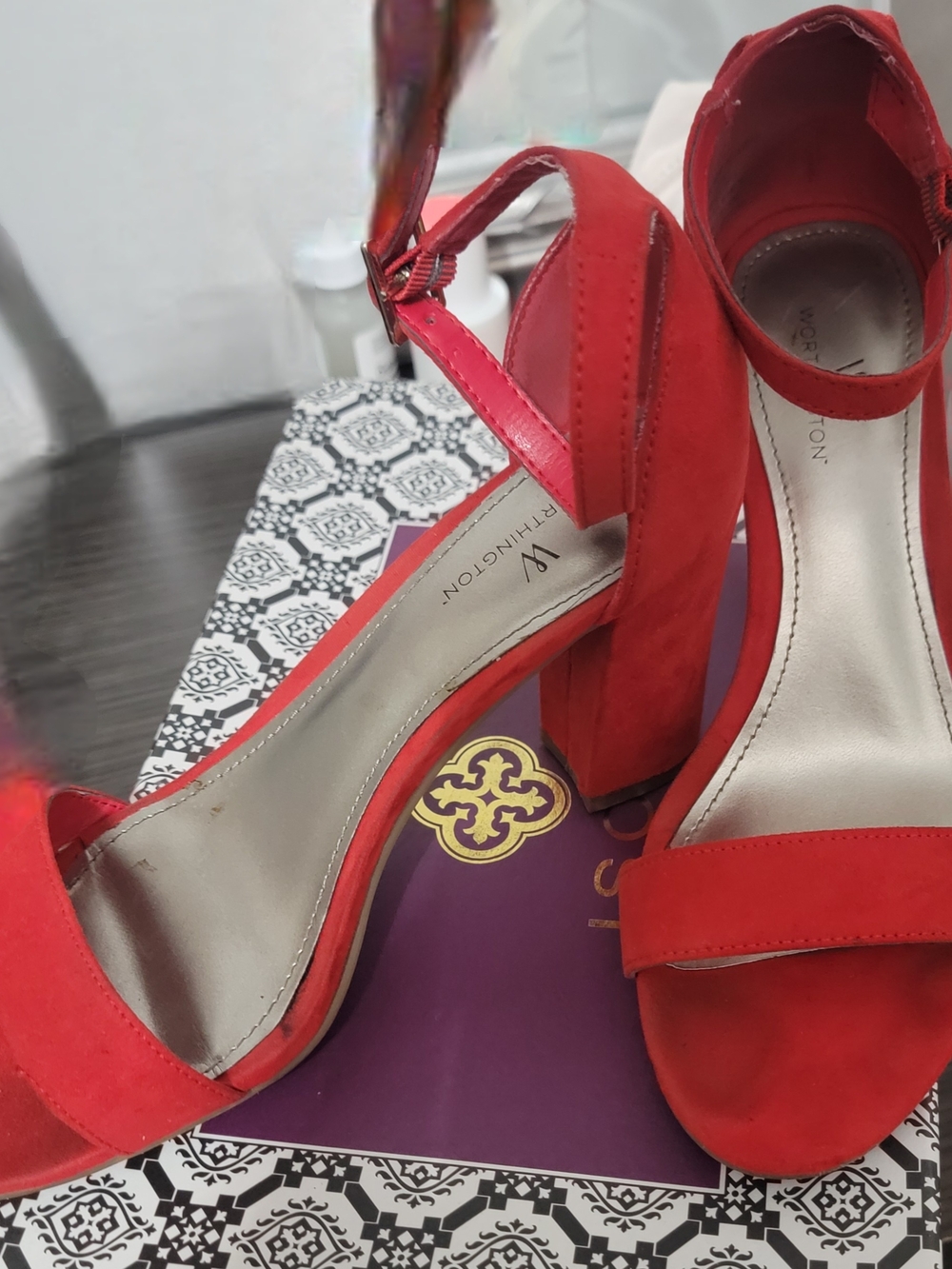 Worthington Red Suede Block Heel Sandals with Ankle Strap